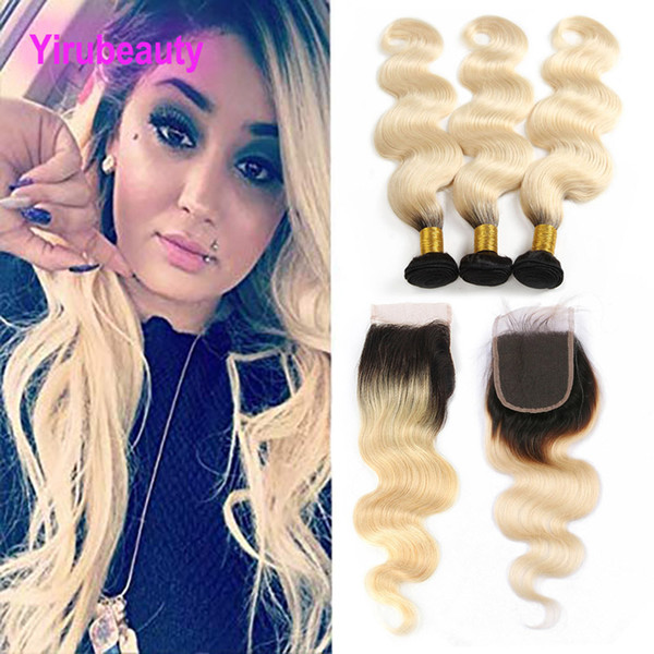 Peruvian Human Hair 3 Bundles With 4X4 Lace Closure 1B/613 Ombre Color Body Wave Bundles With 4X4 Closures Body Wave 8-28inch