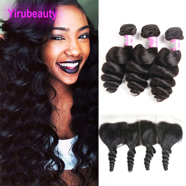 Peruvian Human Hair Bundles With 13X4 Lace Frontal Free Part Loose Wave Natural Color 3 Bundles With 13X4 Lace Frontal Closures Hair Weaves