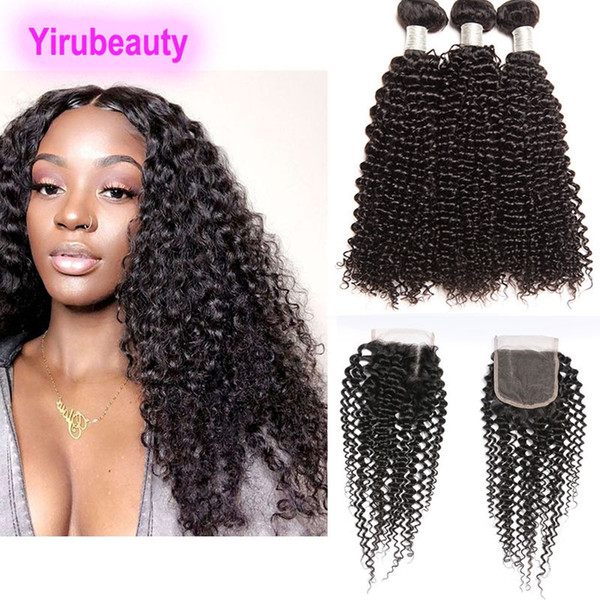 Brazilian Human Hair Kinky Curly 3 Bundles With Lace Closure 4X4 Baby Hair Middle Three Free Part Kinky Curly Bundles With Closure