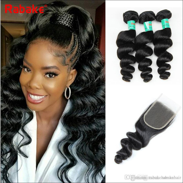 Rabake Malaysian Loose Wave Hair Weaves 3 Bundles with Closure Free Middle 3 Part Double Weft Human Hair Extensions Dyeable Human Hair Weave