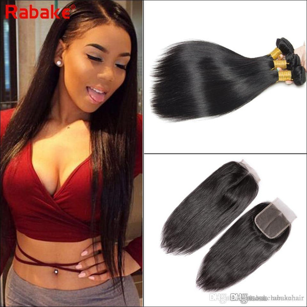 Straight Hair Bundles With Closure 3 Bundle Rabake Malaysian Virgin Hair Free Part Lace 4 Pcs Human Hair Weave Bundles with Closure