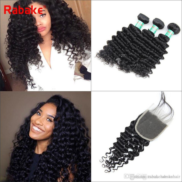 Malaysian Deep Wave Weave Hair Bundles With Closure Human Hair Weave Weft 3 Bundles With 4x4 Lace Closure 4Pcs/Lot Rabake Hair Extensions