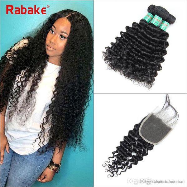 Deep Wave Peruvian Virgin Hair Bundles with Closure Rabake 8A Grade Peruvian Deep Wave Human Hair Extensions with Bleached Knots Top Closure