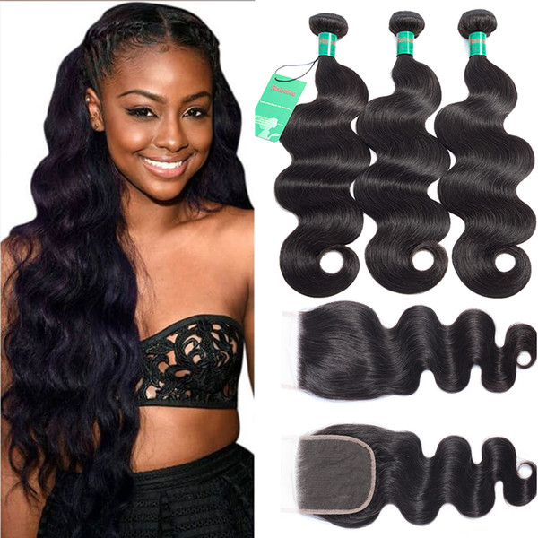 Rabake 8A Human Hair Bundles with Closure 4x4 Swiss Lace Body Wave Unprocessed Human Hair Extensons Cheap Wholesalce Weaves Natural Color