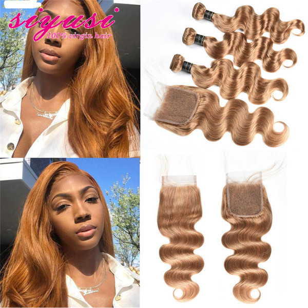 Human Hair Bundles Body Wave With Closure Brazilian Virgin Hair Bundles With Closure Honey Blonde 27# Human Hair Weave 3 Bundles With Closur