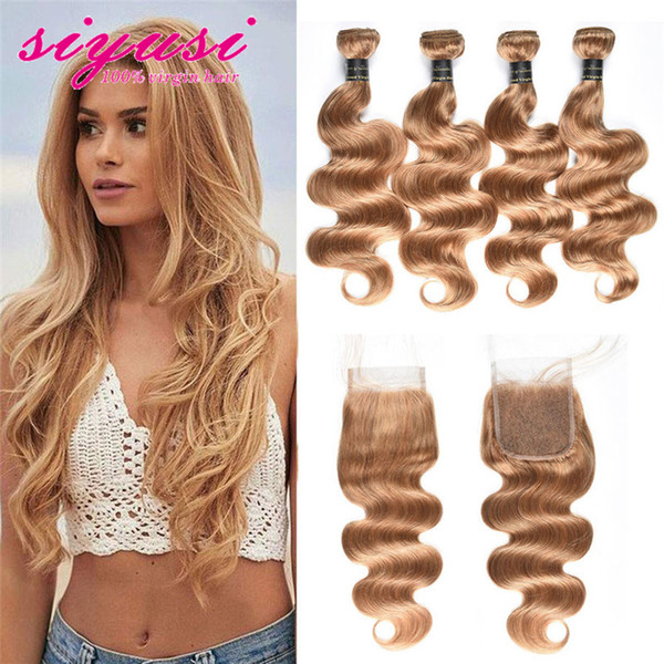 Unprocessed Brazilian Human Hair 3/4 Bundles With Lace Closure Color 27# Honey Blonde Body Wave Virgin Hair Extensions With Closure