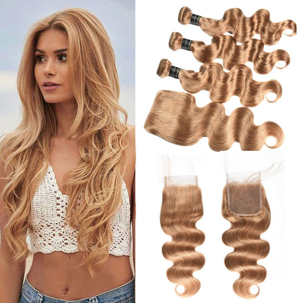 9A Brazilian Body Wave Virgin Hair Weaves With 4x4 Lace Closure Color 27# Honey Blonde Unprocessed Human Hair Double Weft With Closure