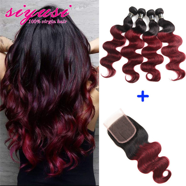 Ombre Human Hair Bundles With Closure 1B 99J Burgundy Body Wave Hair 3 Bundles With Closure Ombre Brazilian Hair Body Wave Bundles Closure