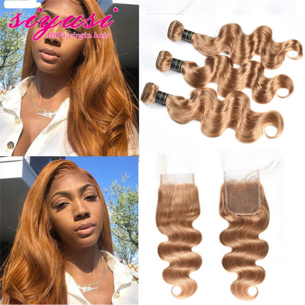 Color 27# Honey Blonde Brazilian body Wave Human Hair 3/4 Bundles With Lace Closure Brazilian Virgin Hair Extensions With Lace Closure