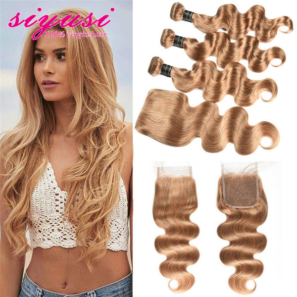 27# Honey Blonde Body Wave With Closure Peruvian Body Wave Human Hair With Lace Closure Peruvian Virgin Hair 3/4 Bundles With Closure