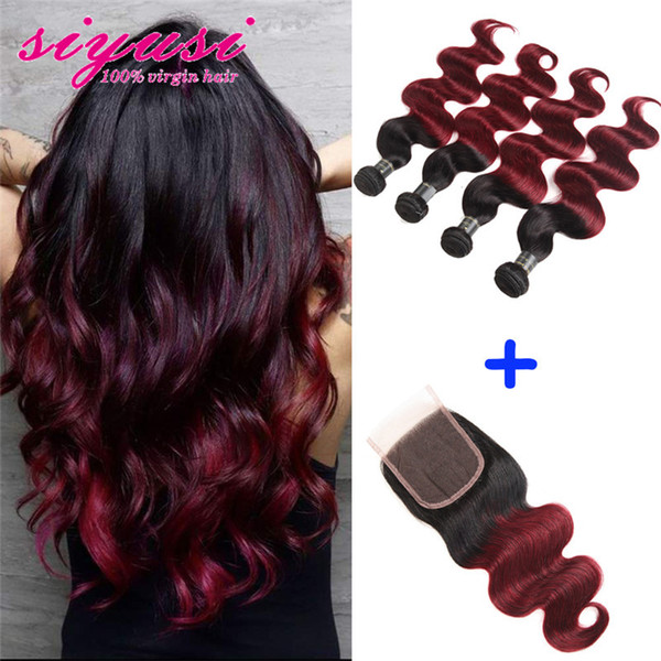 Ombre Body Wave Bundles With Closure T1B/99j Burgundy 100% Brazilian Virgin Hair Extensions Ombre Human Hair Bundles With Closure