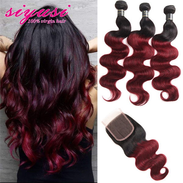 Brazilian Hair Bundles With Closure T1B/99j Burgundy Body Wave Human Hair With Closure Brazilian Hair Weave Bundles With Lace Closure