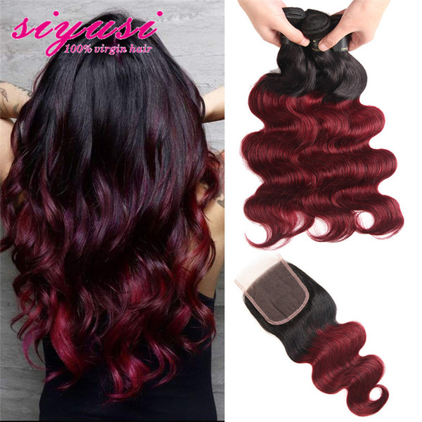 Malaysian Virgin Human Hair Bundles With Closure Pre-Colored 1B/99j Burgundy Malaysian Body wave Hair 3 Bundles With Closure