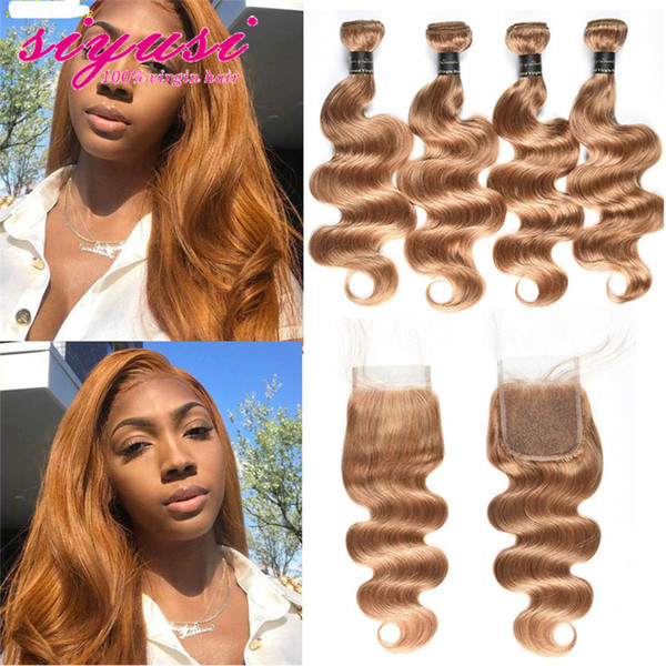 Brazilian Virgin Hair Blonde Lace Closure 4x4 Free Part Human Hair Closure 130% Density Body Wave Color 27# Lace Closure With Baby Hair