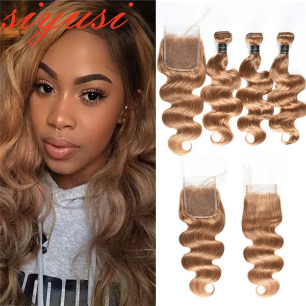 Brazilian Virgin Hair With Closure Grade 9A Honey Blonde Peruvian Virgin Body Wave Hair Bundles With Lace Closure Color 27# Brazilian Hair