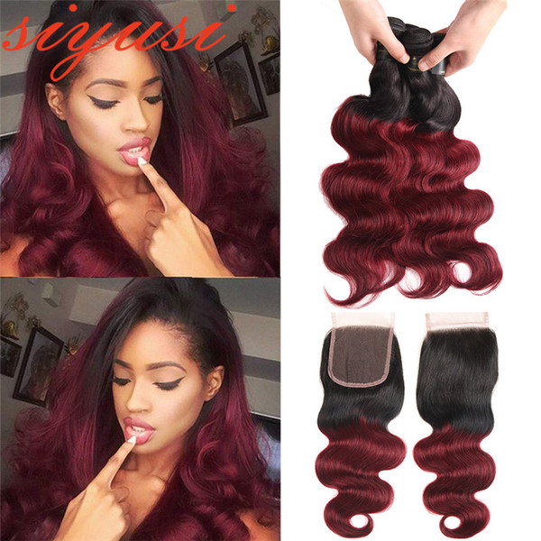 1B/99j Burgundy Ombre Brazilian Body Wave Virgin Hair With Closure 1B/27 Honey Blonde Ombre Human Hair 3 Bundles With Lace Closure