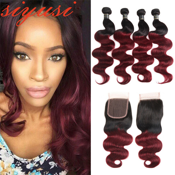 Ombre 1B/99J Burgundy Human Hair Bundles With Closure Red Color Malaysian Body Wave Human Hair Weave 3 Bundles With Lace Closure