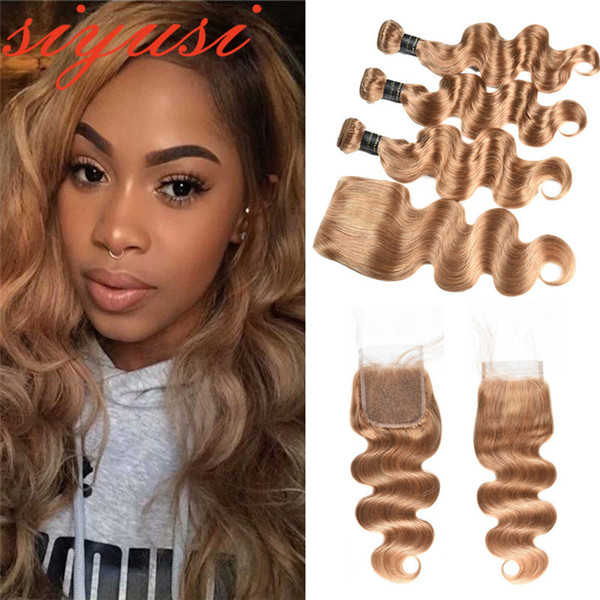 Peruvian Brazilian Body Wave Human Hair Weaves 3 Bundles With Lace Closure Color 27# Honey Blonde Brazilian Virgin Hair Wefts With Closure