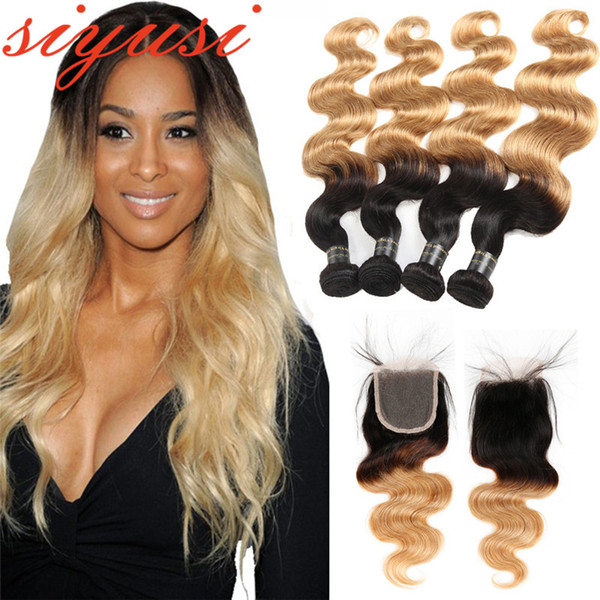 3/4 Bundles 1b 27 Blonde Brazilian Body Wave Virgin Hair With Closure Ombre Human Hair 4X4 Lace Closure With Hair Bundles