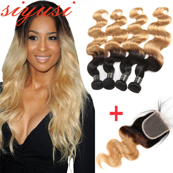 SIYUSI Brazilian Body Wave Human Hair Weave 3/4 Bundles With Closure 1B 27 Ombre Honey Blonde Brazilian Virgin Hair With Lace Closure