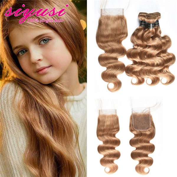 Honey Blonde Body Wave 3 Bundles with Lace Closure #27 Brazilian Blonde Human Hair Weave Unprocessed Virgin Remy Hair Bundle With Closure