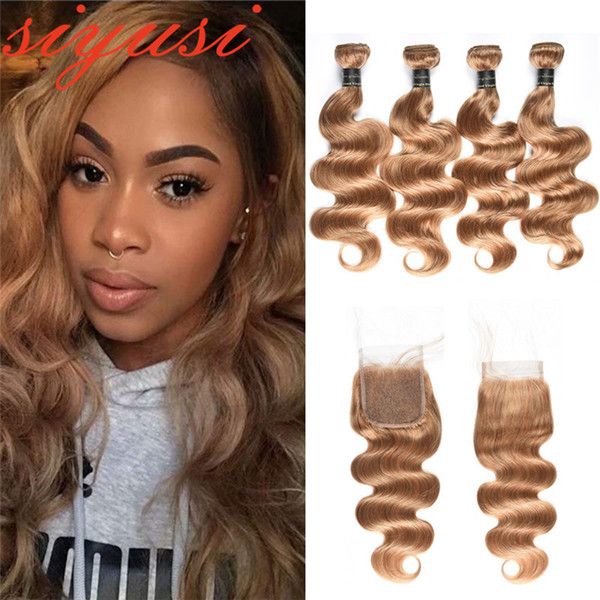 Brazilian Virgin Hair Weaves 3 Bundles With Lace Closure Body Wave Honey Blonde 9A Malaysian Peruvian Indian Human Hair With Closures