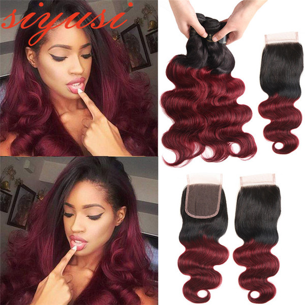 Colored Peruvian Virgin Hair 1B/99J Burgundy Ombre Human Hair Extensions With Closure Ombre Peruvian Body Wave 3 Bundles With Lace Closure