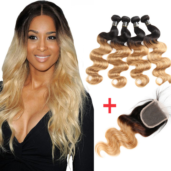 1B 27 Ombre Human Hair 3 Bundles With Closure Dark Blonde Remy Human Hair Extensions Brazilian Virgin Hair Body Wave With Lace Closure