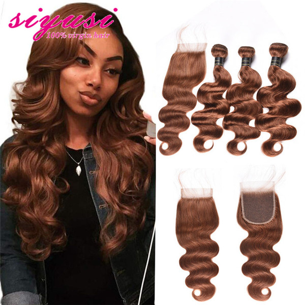 Brazilian Virgin Hair Body Wave With Closure 100% Unprocessed Human Hair Bundles With Lace Closure #30 Light Auburn Brown 9A Brazilian Hair