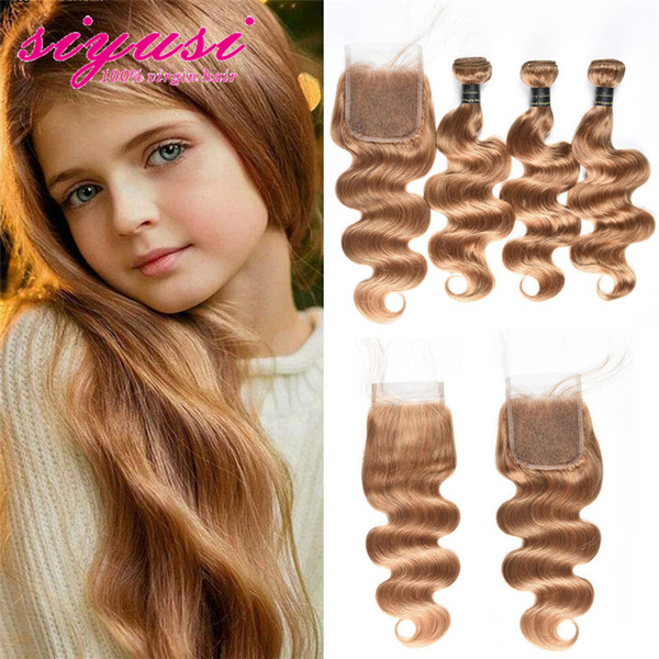 Peruvian Body Wave Human Hair Weave With 4x4 Lace Closure Color #27 Honey Blonde Peruvian Virgin Hair 3/4 Bundles With Closure