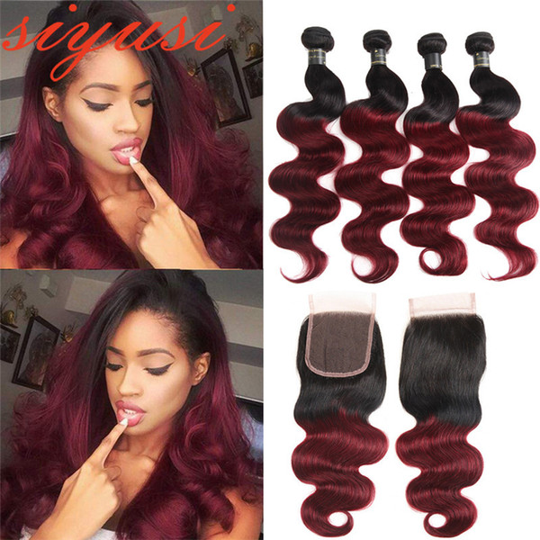 Ombre Brazilian Body Wave Virgin Hair Weaves Two Tone 1B/99J Burgundy Wine Red Brazilian Human Hair 3/4 Bundles With Closure