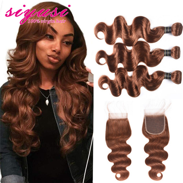 100% Unprocessed Human Hair 3/4 Bundles With Closure #30 Light Auburn Brown Color Body Wave Brazilian Human Hair Bundles With Closure