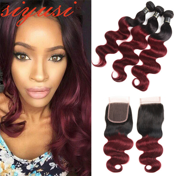 Ombre Peruvian Human Hair 3 Bundles With Closure T1B/99J Body Wave Hair Red Wine With Lace Closure Peruvian Virgin Hair With Closure