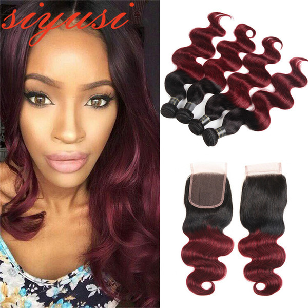 Ombre Hair Bundles With Closure 1B99J /Burgundy Malaysian Body Wave Human Hair Bundle With Closure Mayaysian Virgin Hair With Lace Closure