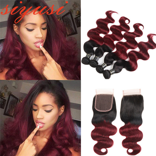 T1B 99j Dark Root Burgundy Brazilian Body Wave Ombre Human Hair Weave 3 Bundles With Closure Brazilian Virgin Hair With Lace Closure