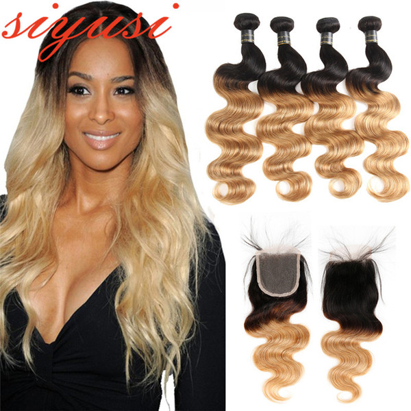 3/4 Bundle Body Wave With Closure 1B/27 Ombre Honey Blonde Human Hair Weave With Closure Brazilian Hair Wave Bundles With Closure