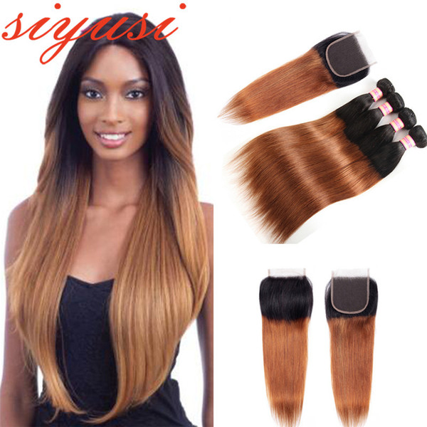 Pre-Colored 1B/30 Peruvian Human Hair Bundles With Closure Ombre T1B/27 Straight Hair 3/4 Bundles With Closure Remy Hair Weft