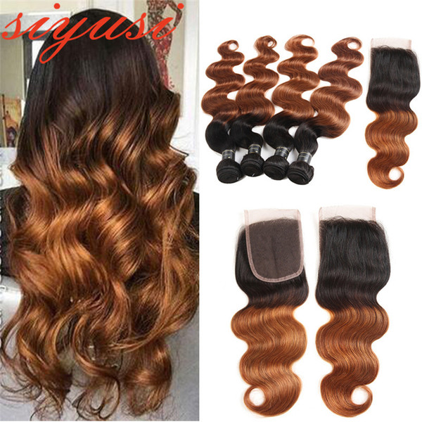 Pre-Colored Ombre Brazilian Hair Bundles With Closure 1B/27 Body Wave Human Hair 1b/30 Brazilian Hair Weave Bundles With Closure