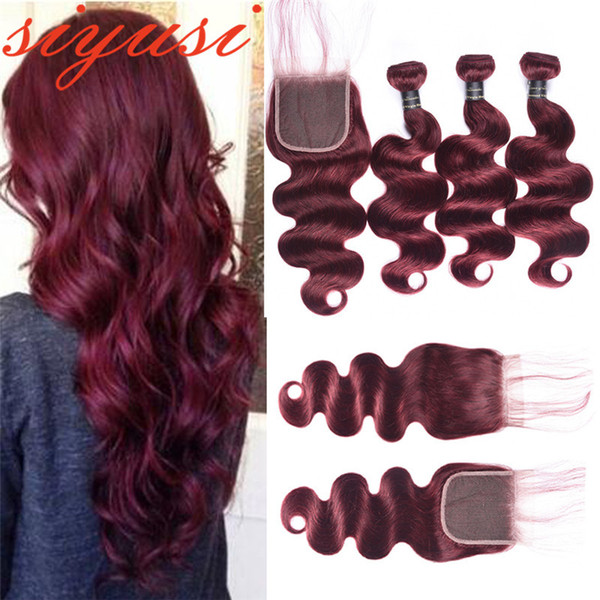 99J/Burgundy Peruvian Body Wave Human Hair Weave Bundles With 4*4 Lace Closure Cheap Peruvian Virgin Hair Bundle With Closure