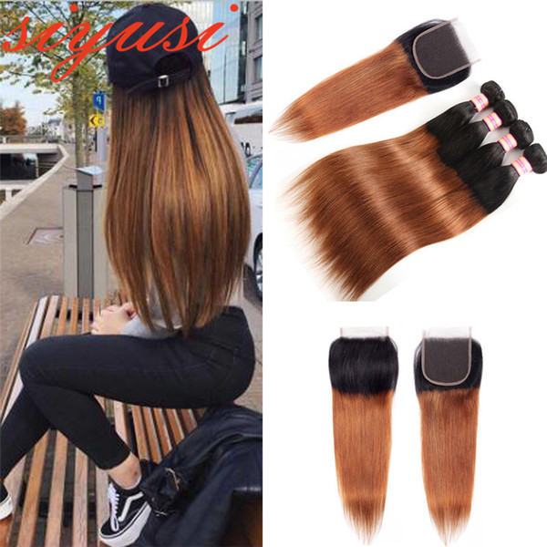 Peruvian Straight Hair Bundles With Closure 1B/27 Ombre Honey Blonde Human Hair Bundles With Closure 1B/30 human Hair Weave With Closure