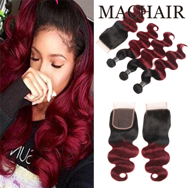 Ombre Peruvian Body Wave Virgin Hair Weaves Two Tone 1B/99J Burgundy Wine Red Peruvian 3 Bundles With 4*4 lace Closure 4pcs/Lot