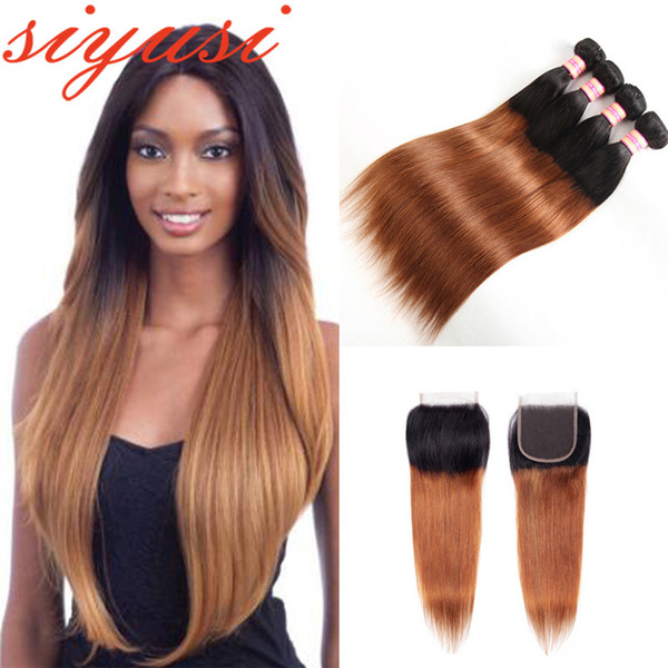 3 Bundles Ombre Brazilian Straight Human Hair Bundles With Closure 1b/27 Honey Blonde Weave Bundles with 4x4 Free Part Remy Lace Closure