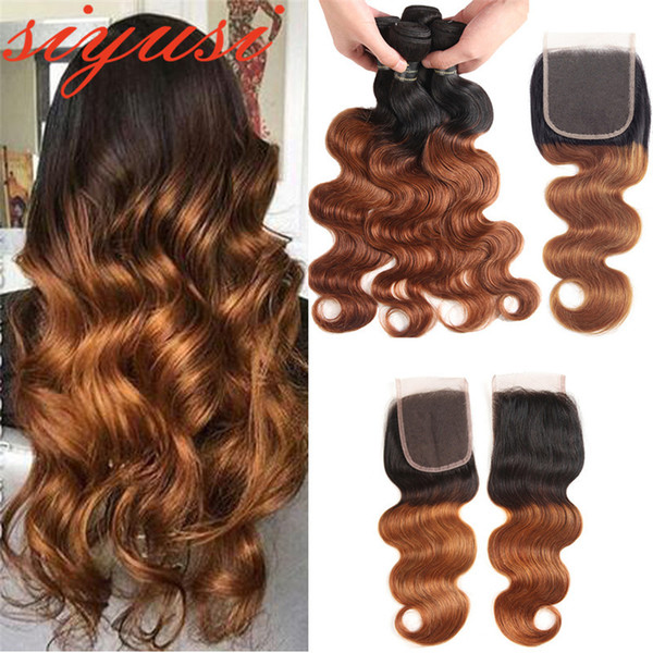 Pre-Colored Brazilian Ombre Hair Bundles With Closure Brazilian Body Wave 1B/30 1B/27 Human Hair 3 Bundles With Lace Closure