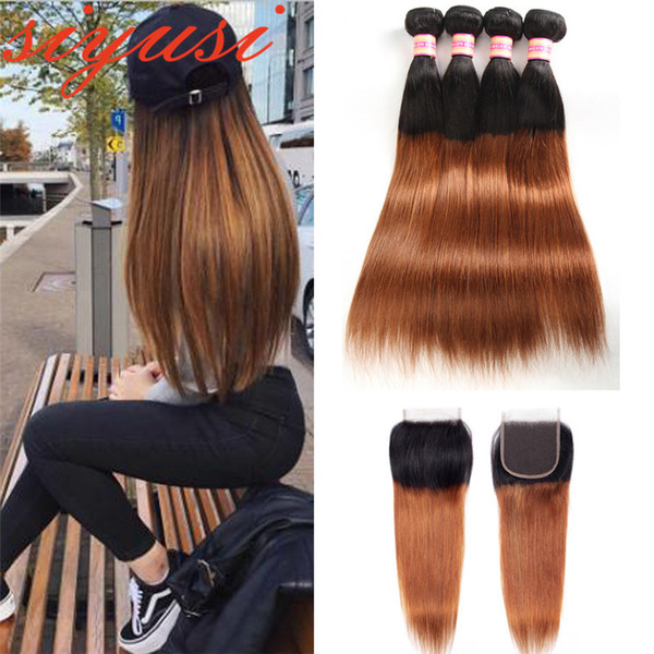 Ombre Bundles With Closure 1B/30 Two Tone Brazilian Hair Weave 3 Bundles With Closure Double Weft Straight Human Hair Bundles With Closure