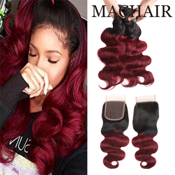 Human Hair Ombre 3 Bundles With Closure 1B/99J Burgundy Dark Wine Red 1b/27 Brazilian Virgin Hair Body Wave With Lace Closure