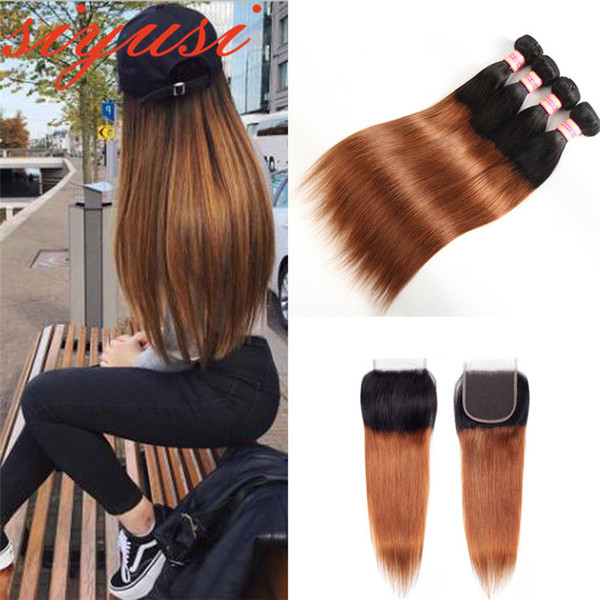 Ombre Brazilian Straight Hair Bundles With Closure 1B/27 1B/30 Two Tone Ombre Human Hair Weave 3 Bundles With 4*4 Lace Closure