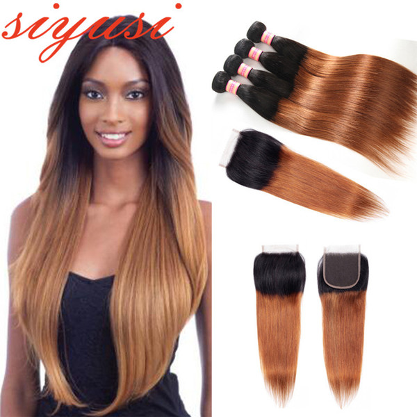 1B/30 Ombre Brazilian Hair Bundles With Closure 1B/27 Honey Blonde Brown Bundle With Closure Brazilian Straight Human Hair With Lace Closure