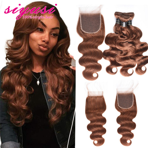 #30 Light Brown Body Wave Hair Bundles with Closure 100% Unprocessed Brazilian Human Hair Weave 10a Grade Body Wave Bundles with Closure