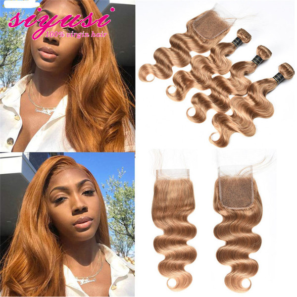 Peruvian Human Hair Bundles With 4X4 Lace Closure 3/4 Bundles Colored 27 Honey Blonde Peruvian Body Wave Virgin Hair With Closure