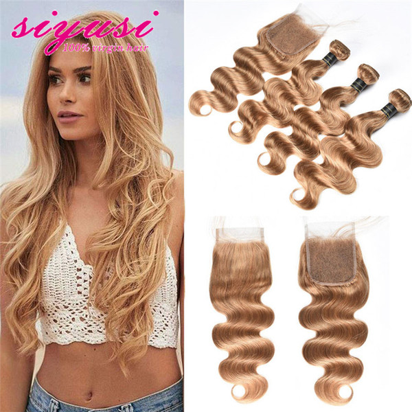 10A Brazilian Body Wave With Closure 100% Unprocessed Human Hair 3 Bundles With Closure 27# Honey Blonde Brazilian Human Hair With Closure